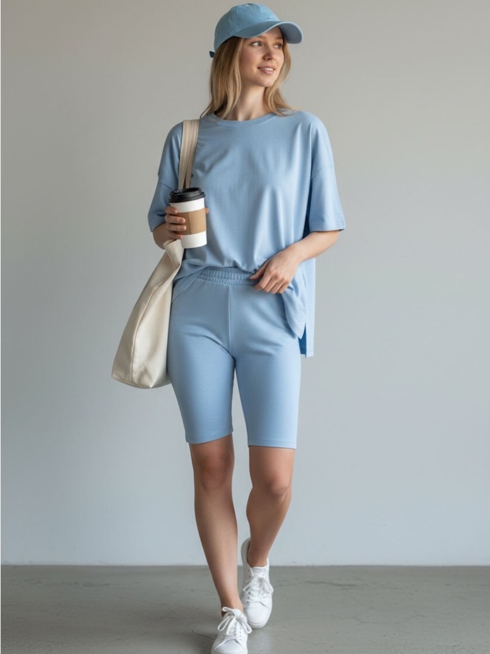Light Blue Oversized Tee & Biker Shorts Matching Set